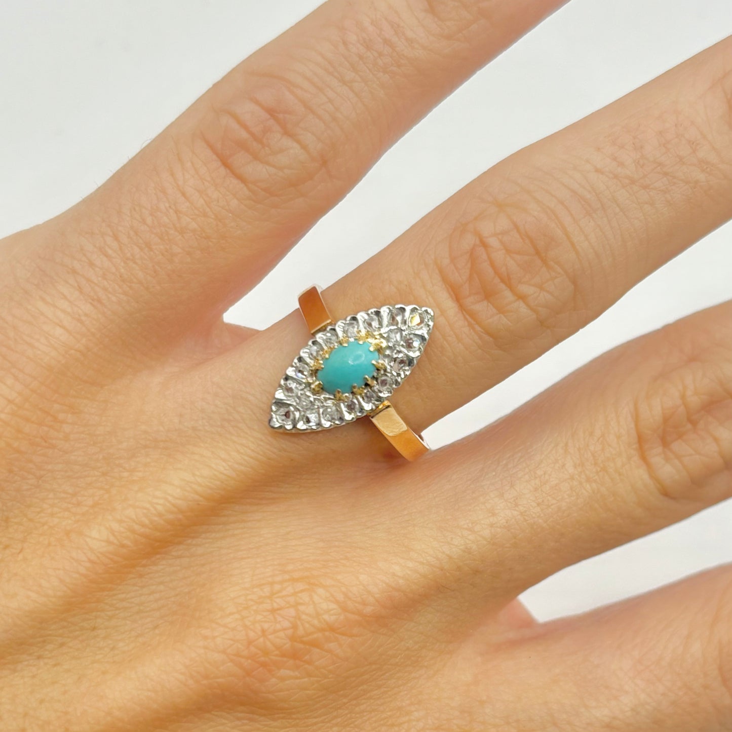 Marquise Art Deco Ring - 750 Gold Turquoise &amp; Diamonds