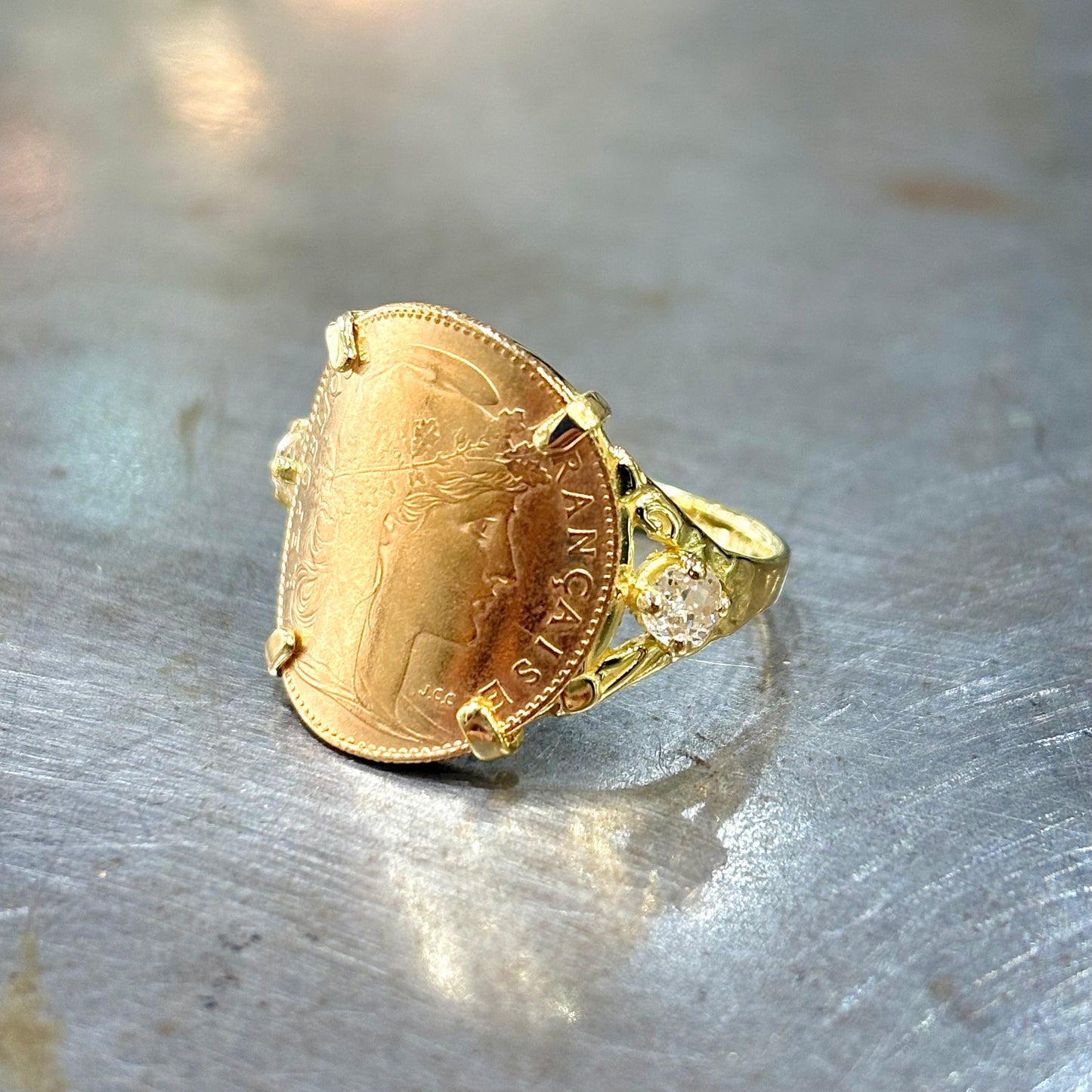 Bague Pièce - Or Jaune 750 & Pièce 10 Marianne Coq & Diamants