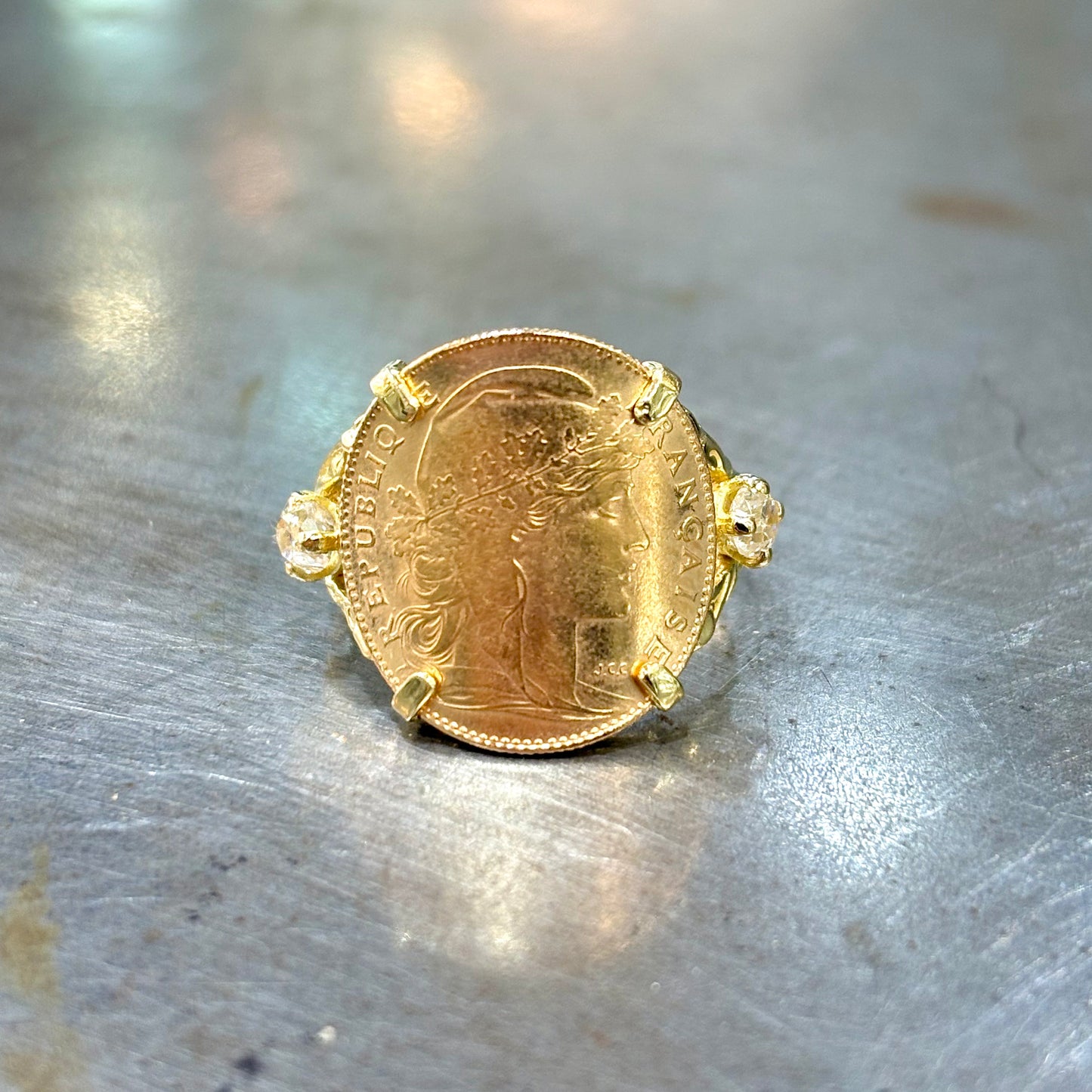 Bague Pièce - Or Jaune 750 & Pièce 10 Marianne Coq & Diamants