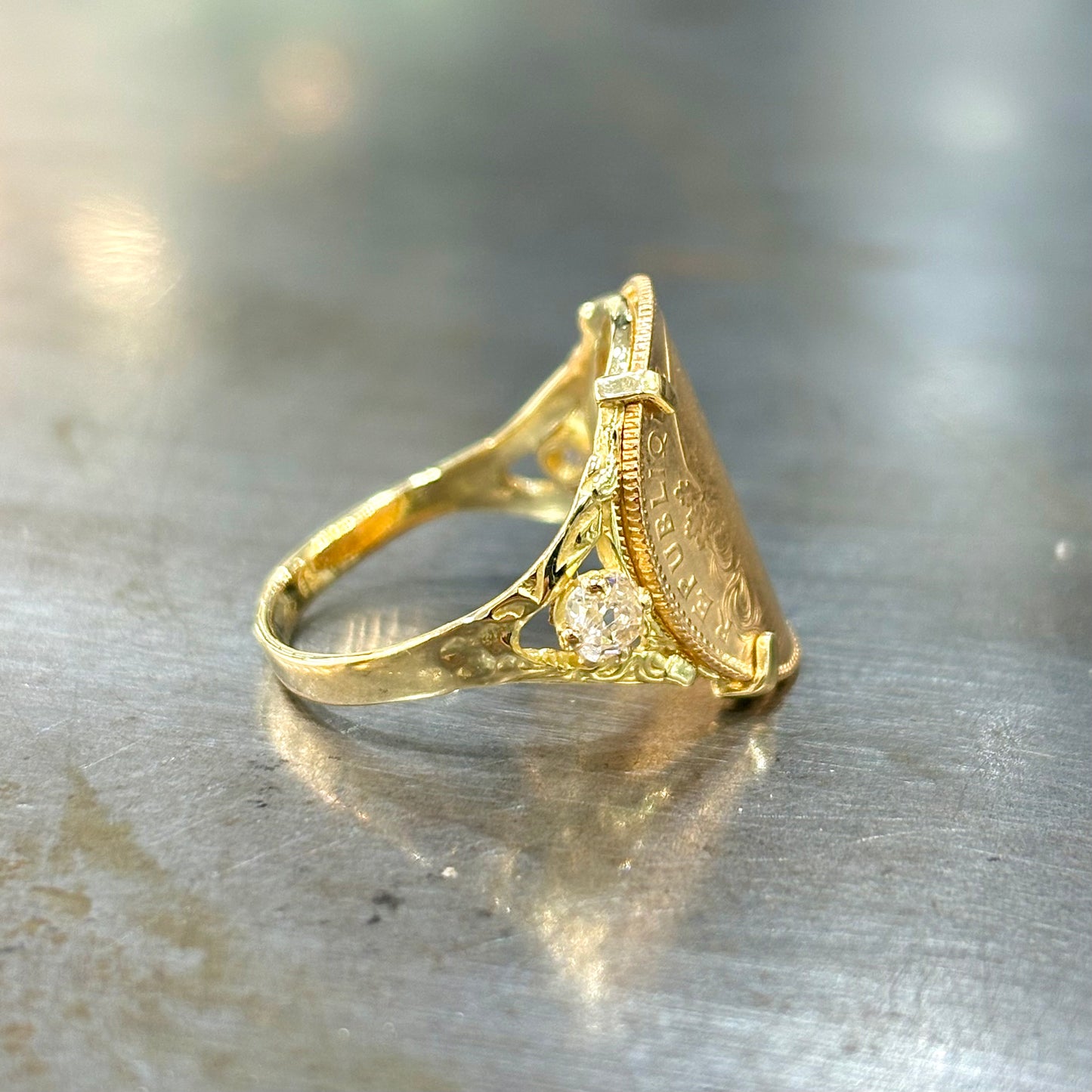 Bague Pièce - Or Jaune 750 & Pièce 10 Marianne Coq & Diamants