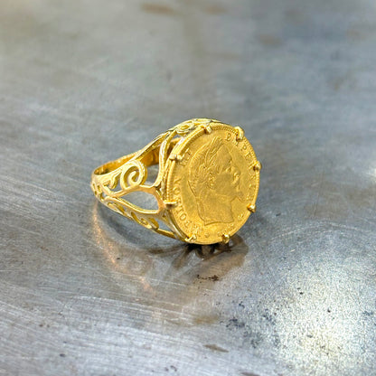 Bague Chevalière Pièce - Or Jaune 750 & Pièce Or 5 Francs Napoléon