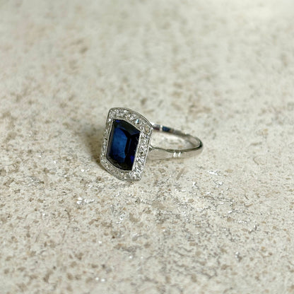 Bague Art Déco Vintage - Or Blanc 750 Diamants & Saphir