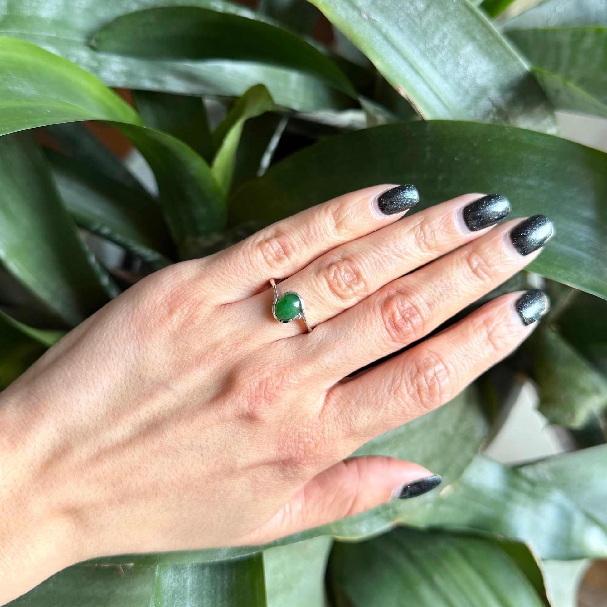 Bague Cabochon - Or Blanc 750 Aventurine & Diamant