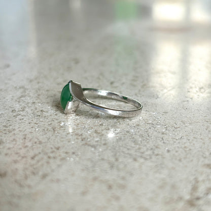 Bague Cabochon - Or Blanc 750 Aventurine & Diamant