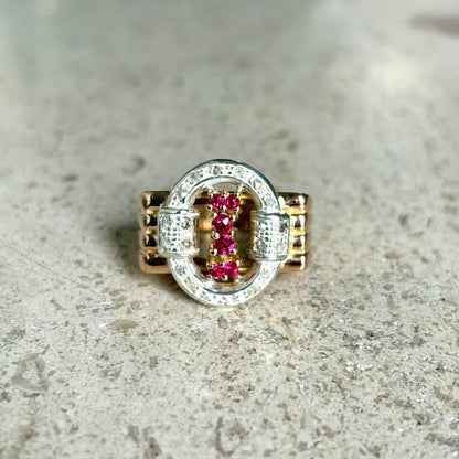 Bague Vintage Art Déco - Or Jaune 750 Rubis & Diamants