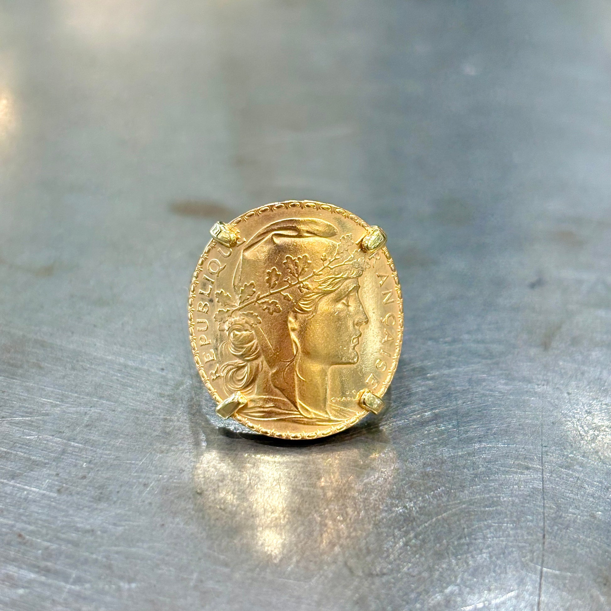 Bague Pièce - Or Jaune 750 & Pièce Or 20 Francs Marianne Coq