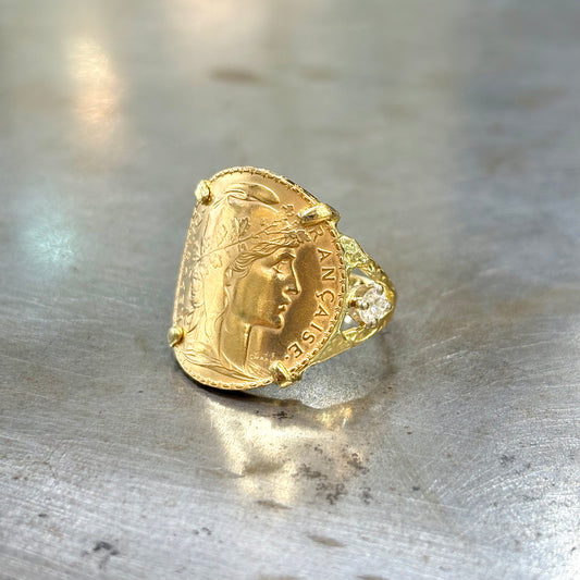 Bague Pièce - Or Jaune 750 & Pièce 20 Marianne Coq & Diamants
