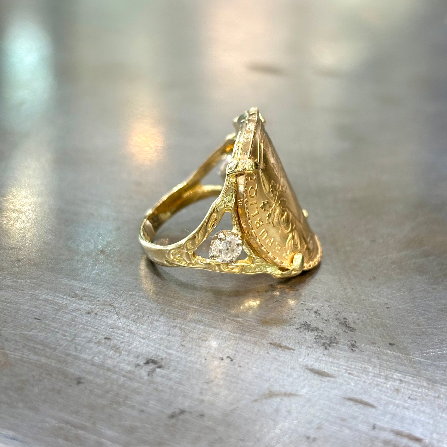 Bague Pièce - Or Jaune 750 & Pièce 20 Marianne Coq & Diamants