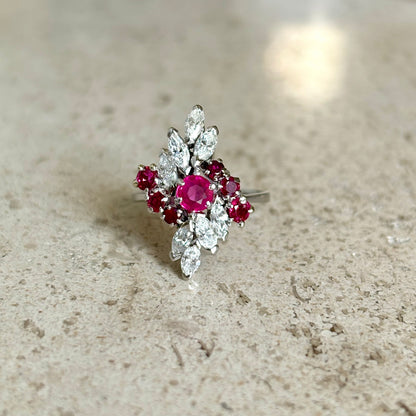 Bague Floral Vintage - Or Blanc 750 Rubis & Diamants