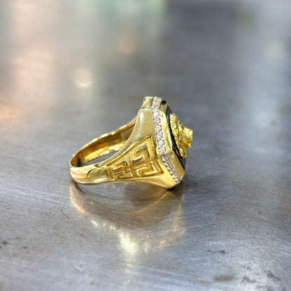Bague Chevalière Lion - Or Jaune 750 Onyx & Zircons