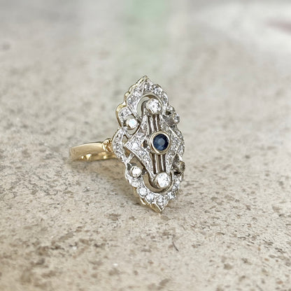 Bague Vintage Art Déco - Or Jaune 585 Saphir & Diamants