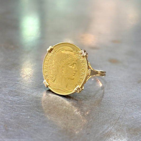 Bague Pièce - Or Jaune 750 & Pièce Or 10 Francs Marianne Coq