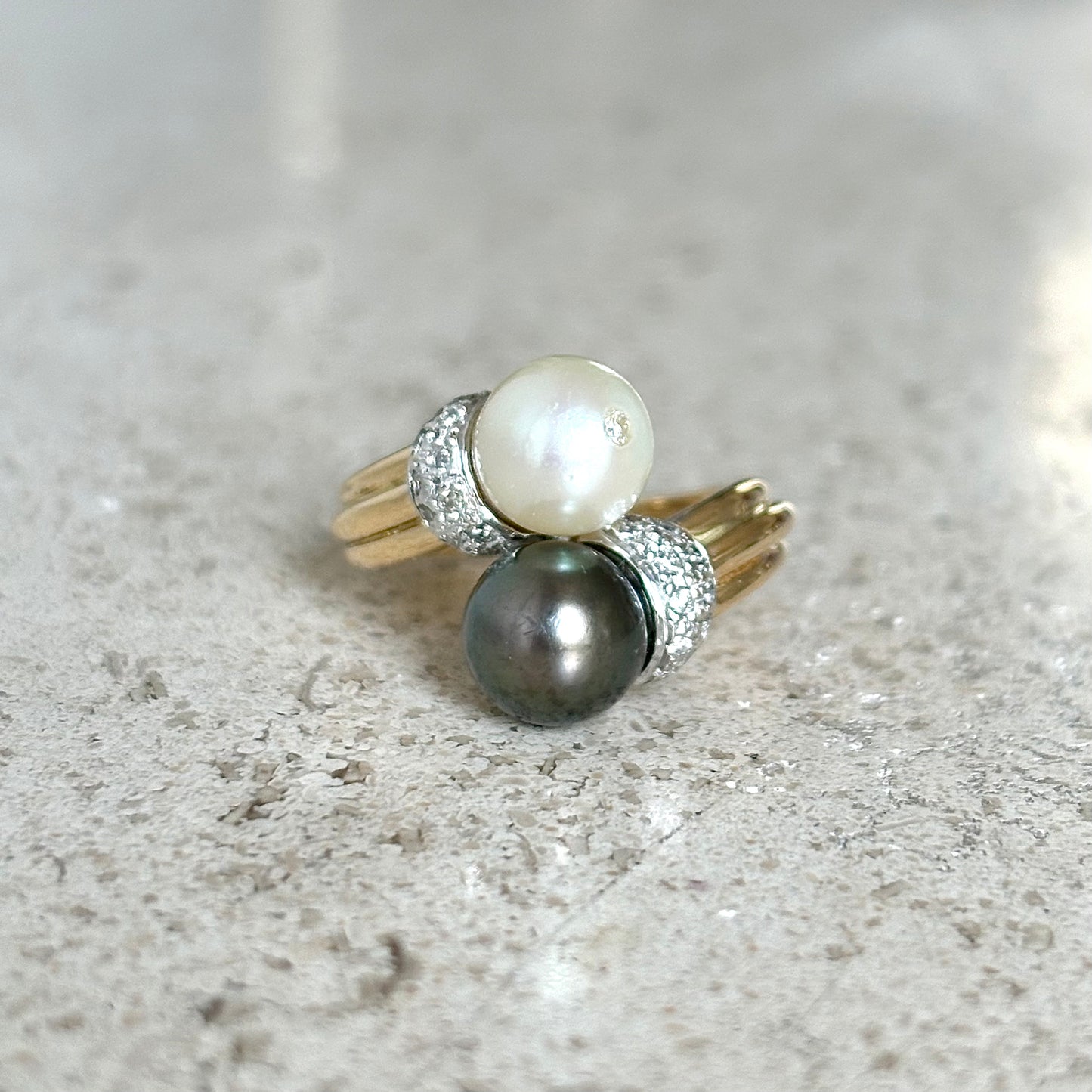 Bague Toi & Moi Vintage - Or Jaune 750 Perles & Diamants