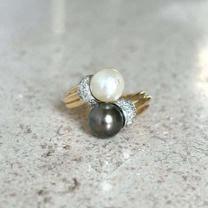 Bague Toi & Moi Vintage - Or Jaune 750 Perles & Diamants