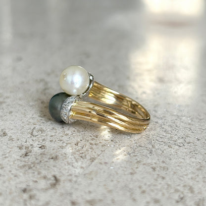 Bague Toi & Moi Vintage - Or Jaune 750 Perles & Diamants
