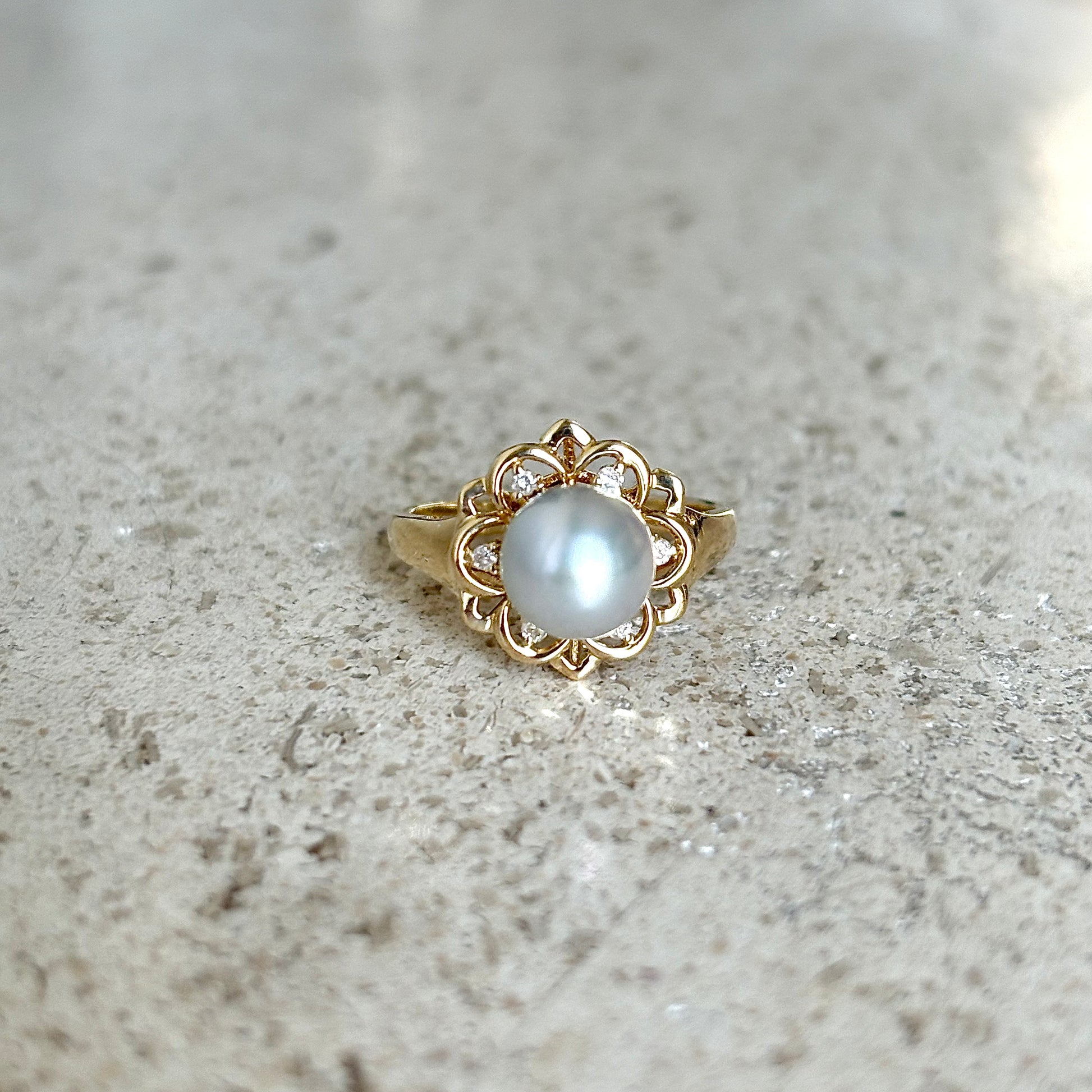 Bague Vintage Florale - Or Jaune 750 Perle & Diamants