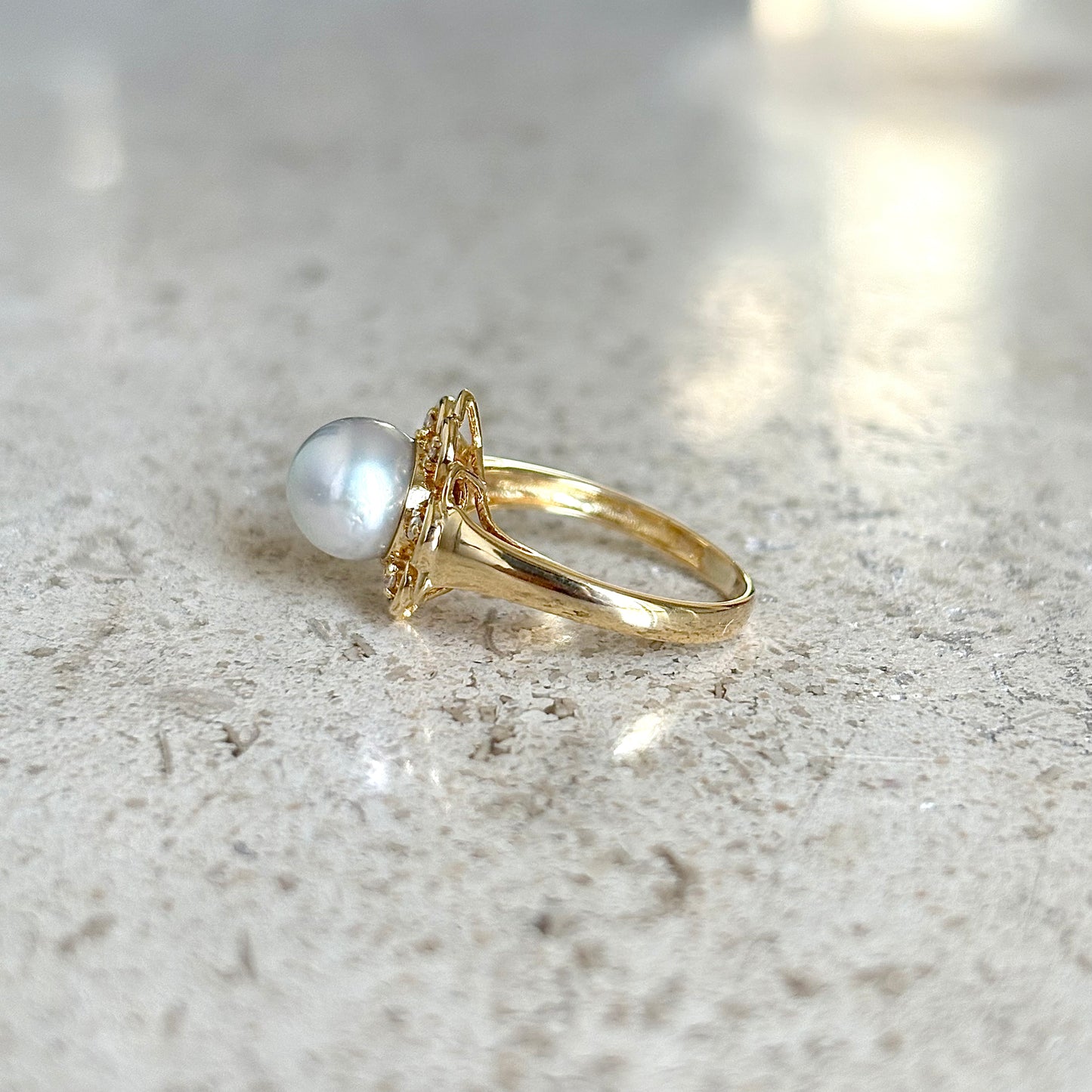 Bague Vintage Florale - Or Jaune 750 Perle & Diamants