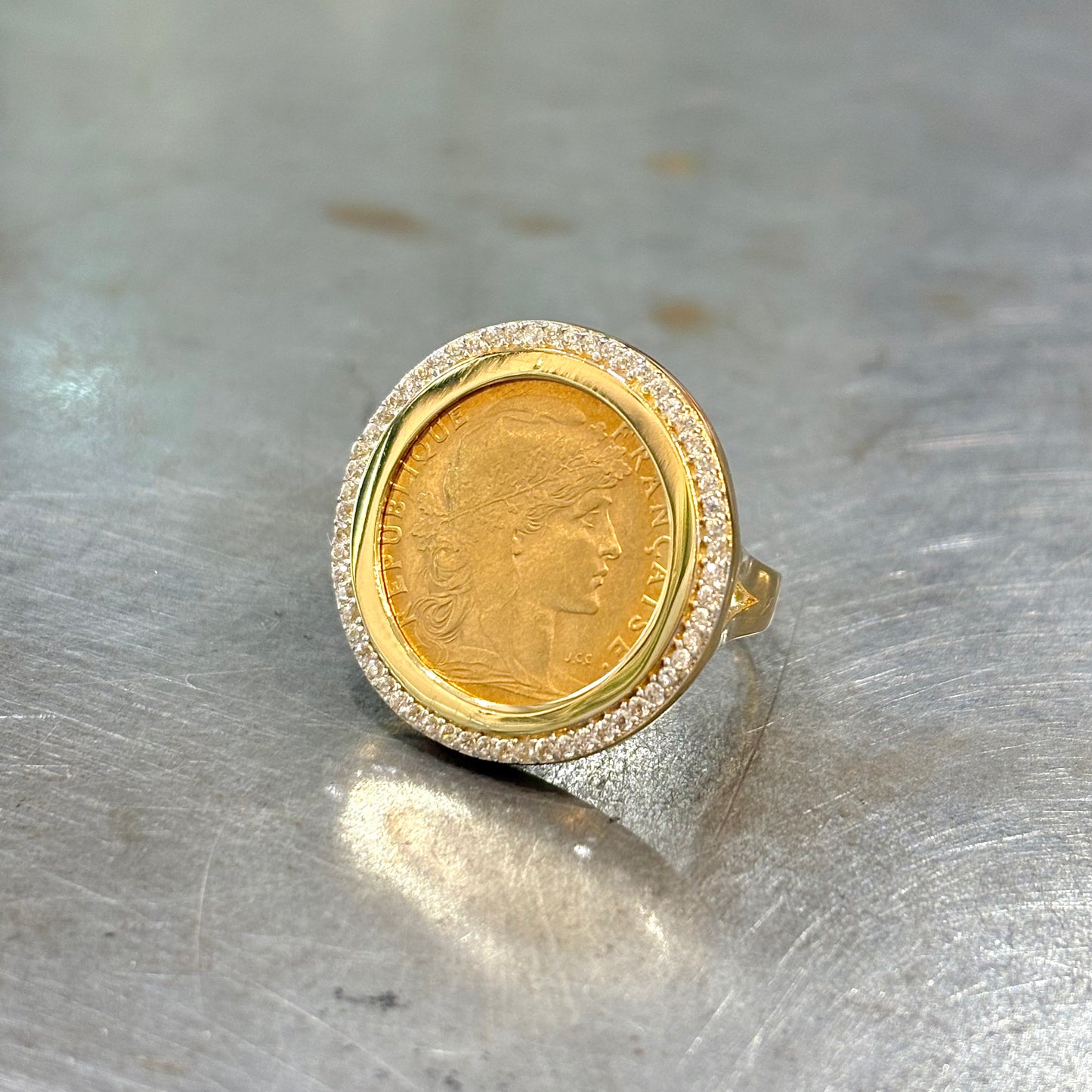 Bague Pièce - Or Jaune 750 & Pièce Or 10 Francs Marianne Coq