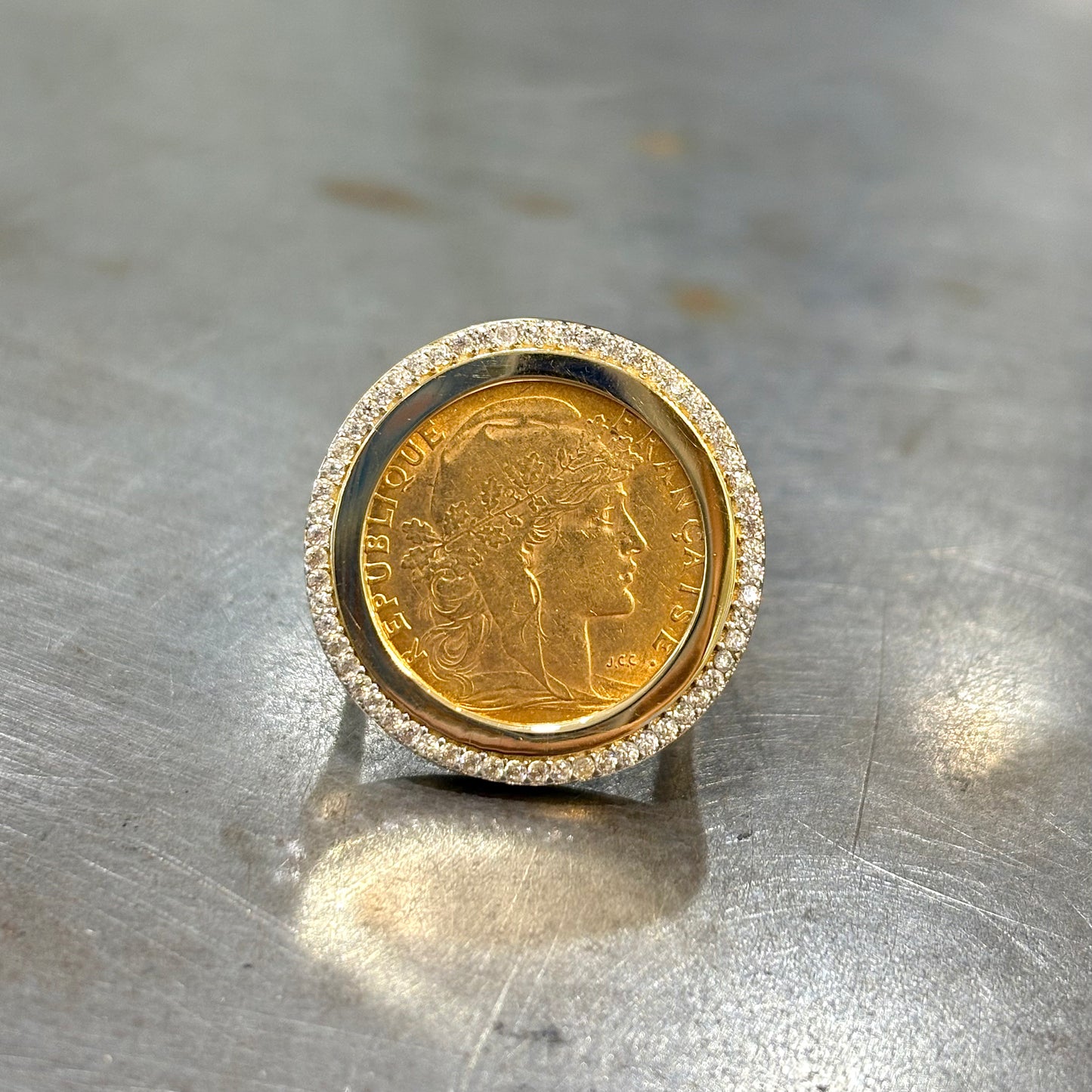 Bague Pièce - Or Jaune 750 & Pièce Or 10 Francs Marianne Coq