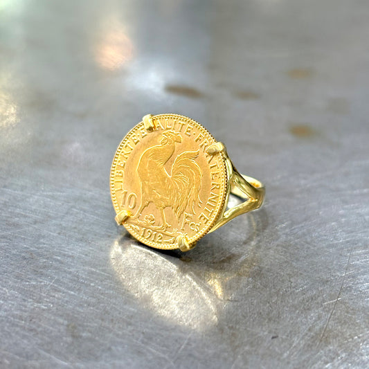 Bague Pièce - Or Jaune 750 & Pièce 10 Francs Marianne Coq