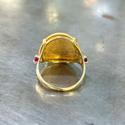 Bague Pièce - Or Jaune 750 & Pièce 10 Francs Napoléon & Rubis
