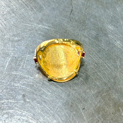 Bague Pièce - Or Jaune 750 & Pièce 10 Francs Napoléon & Rubis