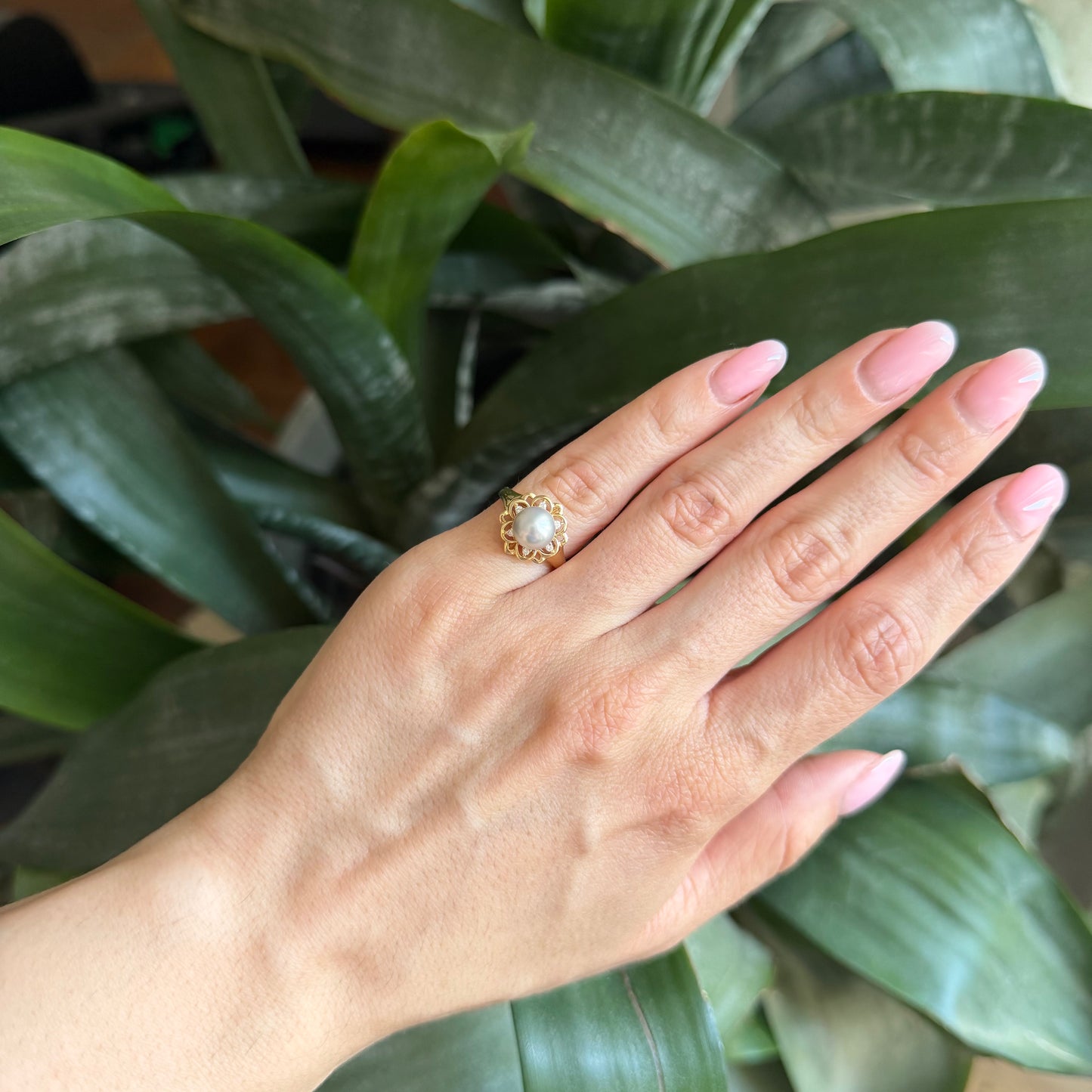 Bague Vintage Florale - Or Jaune 750 Perle & Diamants