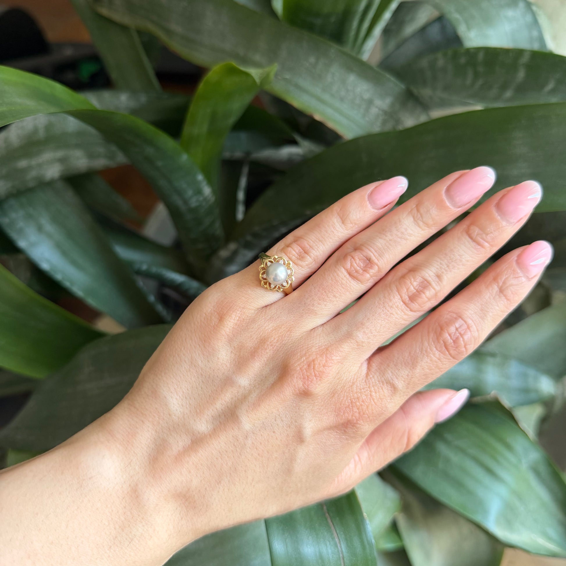 Bague Vintage Florale - Or Jaune 750 Perle & Diamants