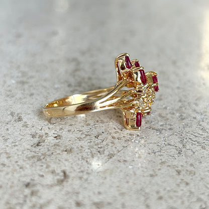 Bague Florale Vintage - Or Jaune 750 Rubis & Diamants