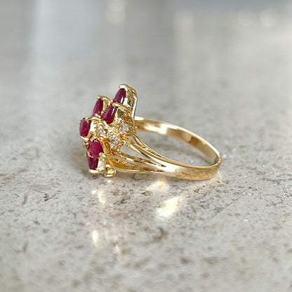 Bague Florale Vintage - Or Jaune 750 Rubis & Diamants