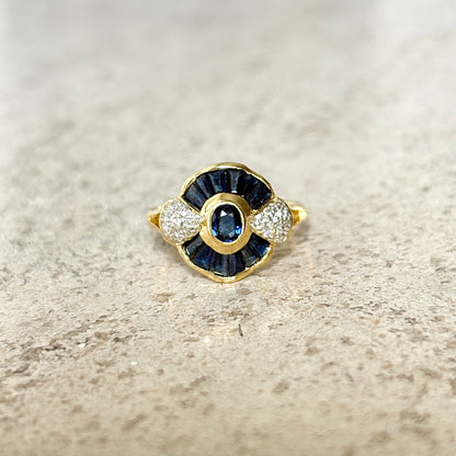 Bague Dôme Art Déco - Or Jaune 750 Saphir & Diamants