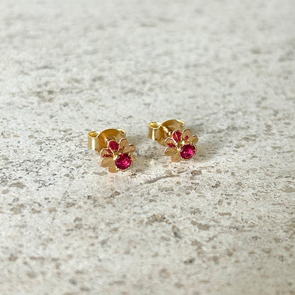 Boucles D'oreilles Puces Florale - Or Jaune 750 & Rubis