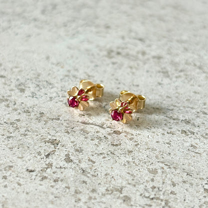 Boucles D'oreilles Puces Florale - Or Jaune 750 & Rubis