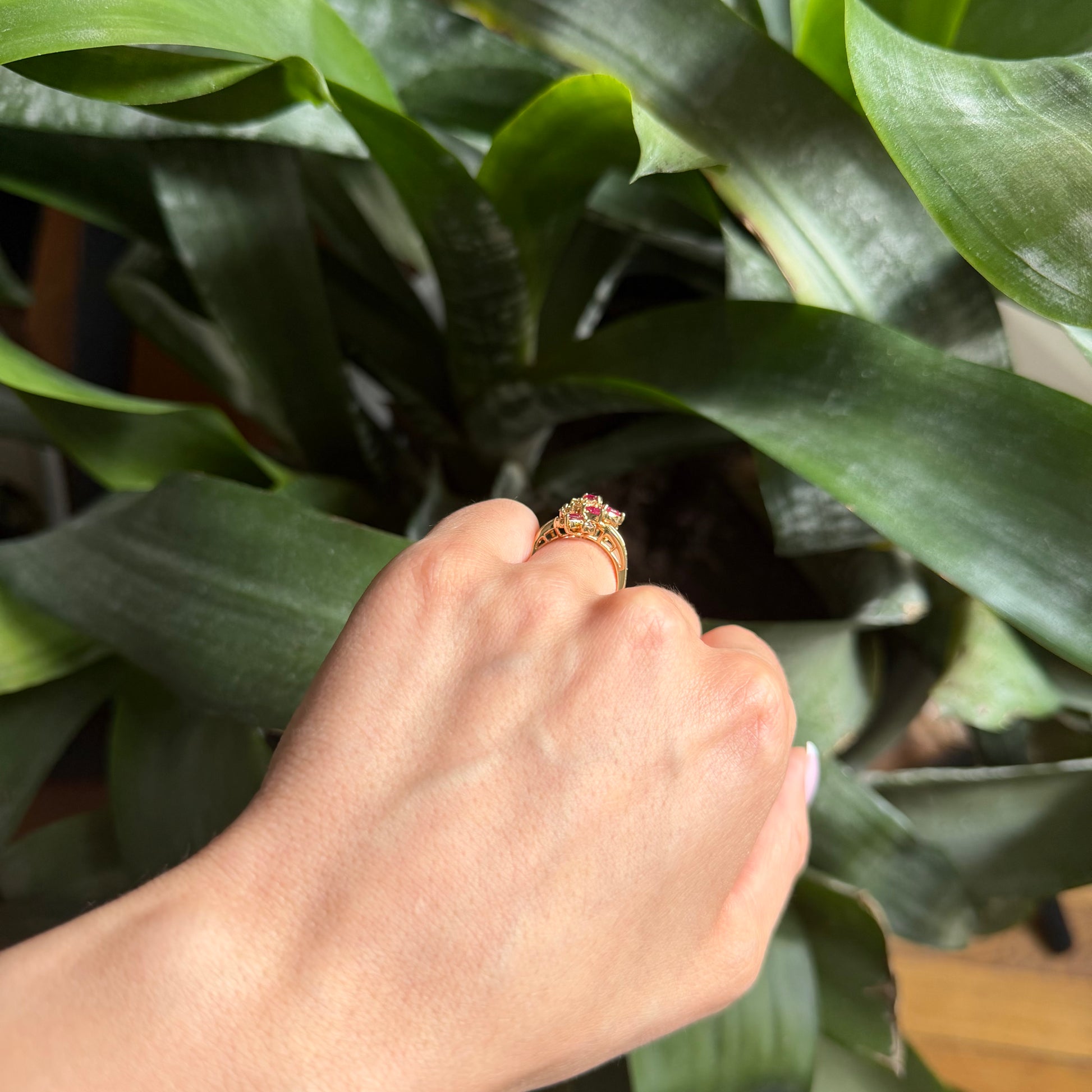 Bague Florale Vintage - Or Jaune 750 Rubis & Diamants