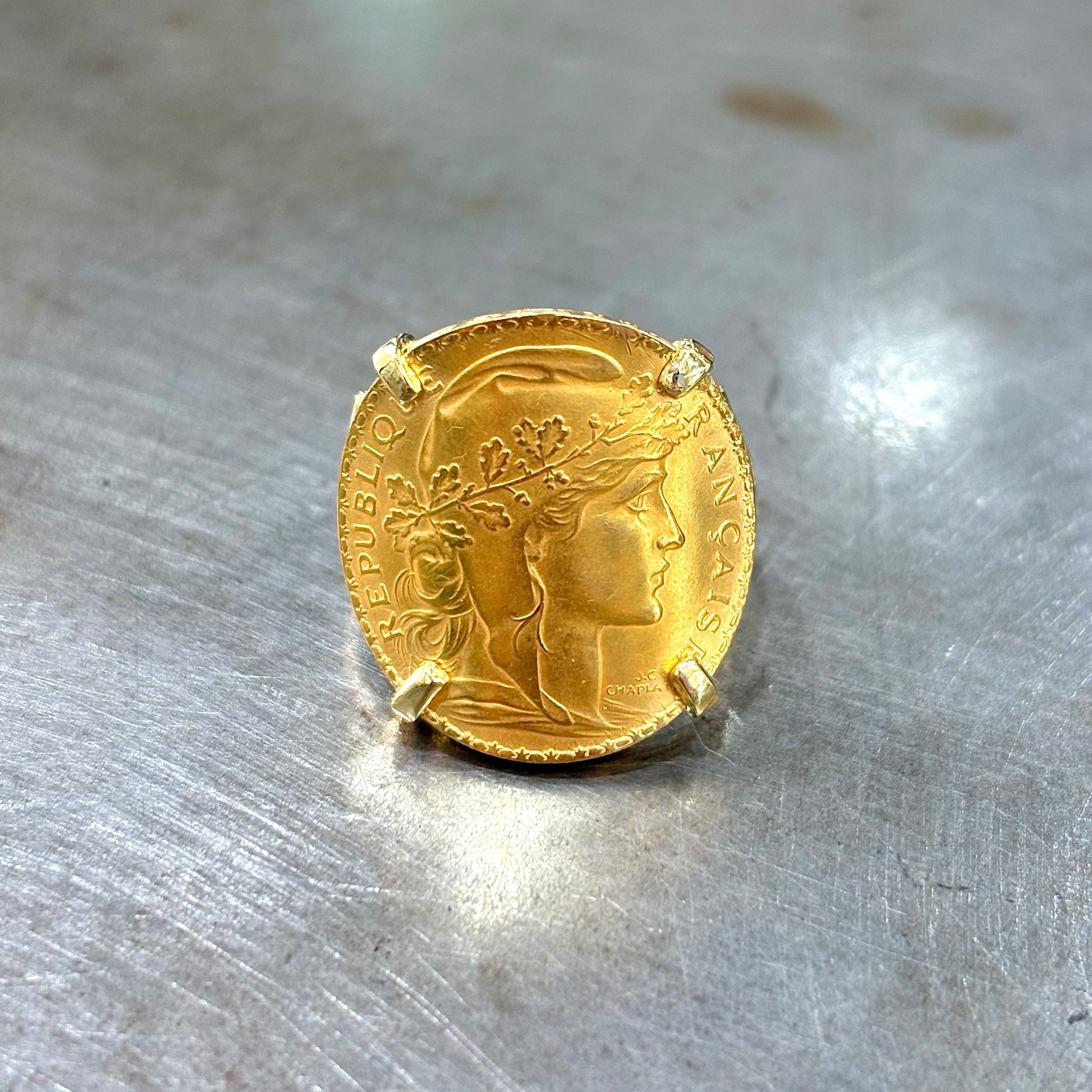 Bague Pièce - Or Jaune 750 & Pièce Or 20 Francs Marianne Coq