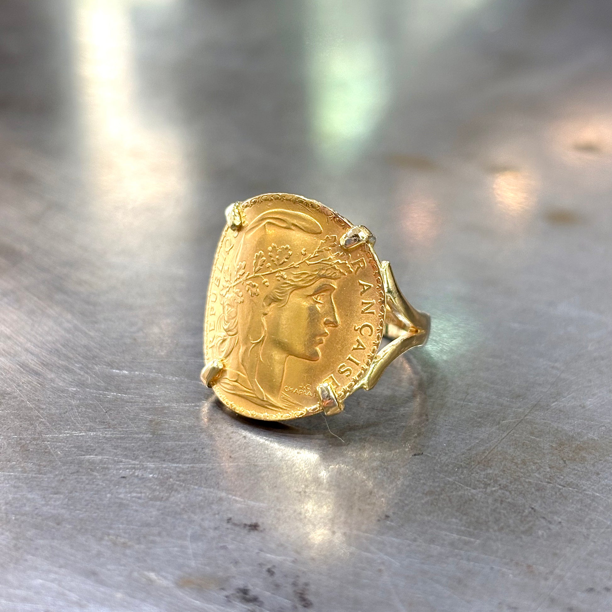 Bague Pièce - Or Jaune 750 & Pièce Or 20 Francs Marianne Coq