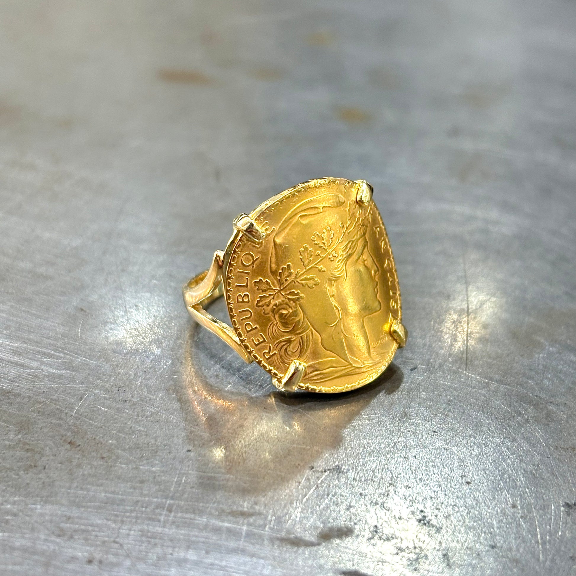 Bague Pièce - Or Jaune 750 & Pièce Or 20 Francs Marianne Coq