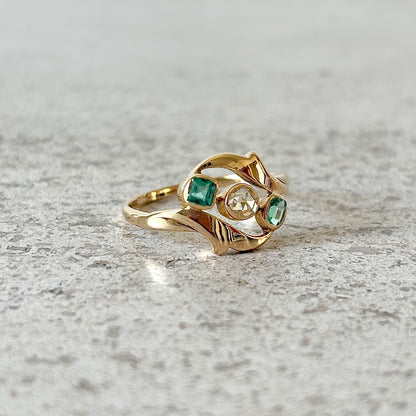 Bague Vintage - Or Jaune 750 Émeraudes & Diamant