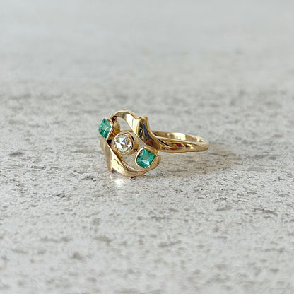 Bague Vintage - Or Jaune 750 Émeraudes & Diamant