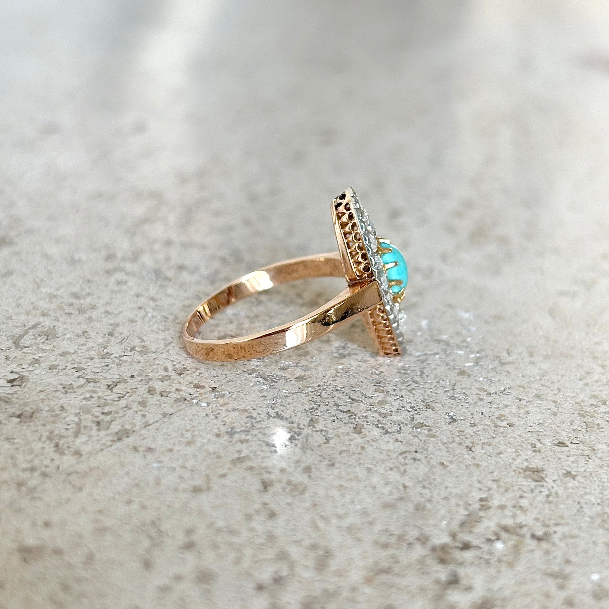 Bague Marquise Art Déco - Or Jaune 750 Turquoise & Diamants
