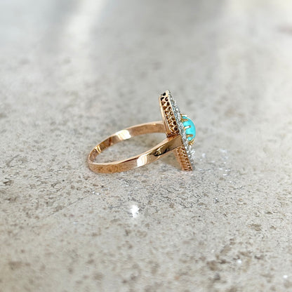 Bague Marquise Art Déco - Or Jaune 750 Turquoise & Diamants