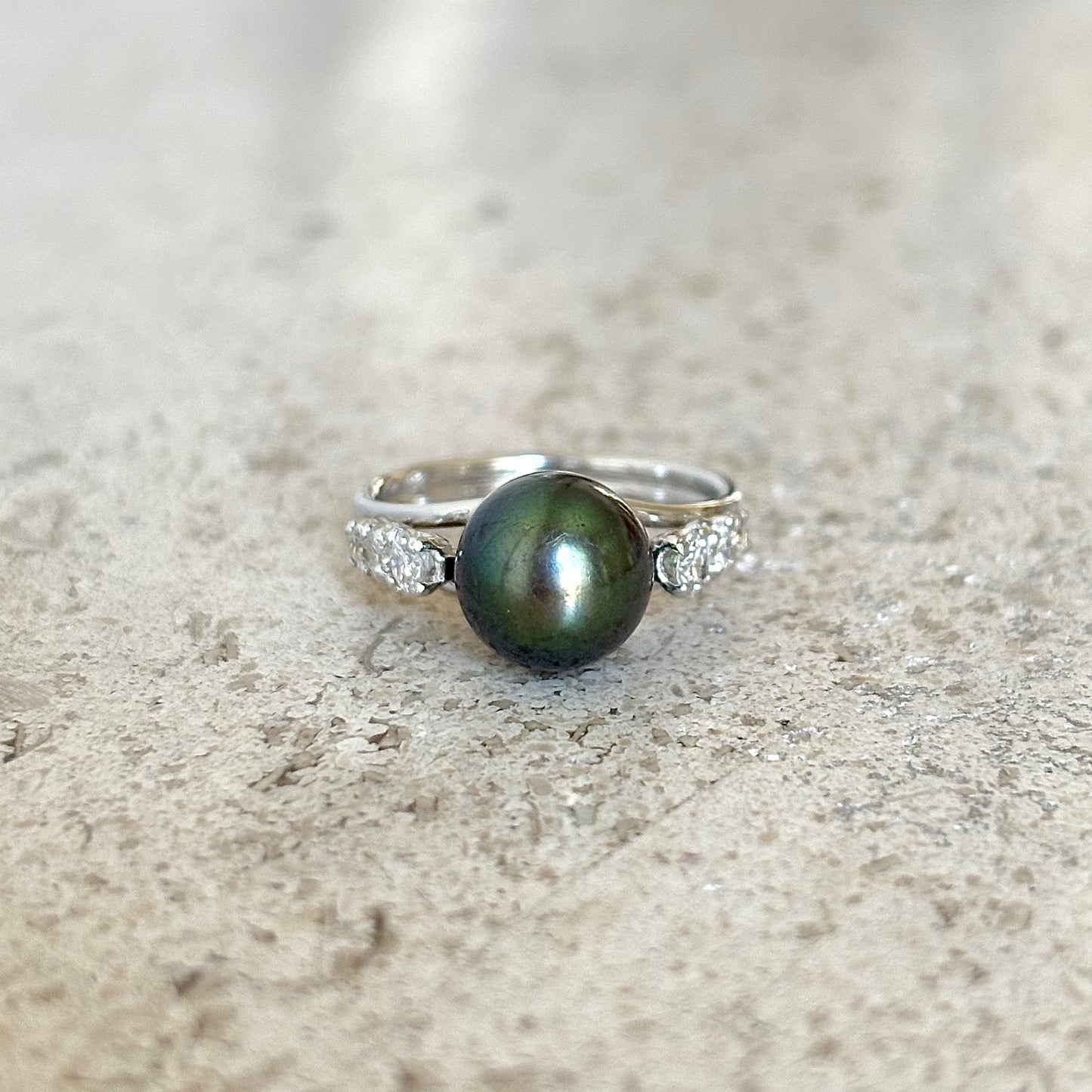 Bague Vintage - Or Blanc 750 Perle Naturelle Tahiti & Diamants