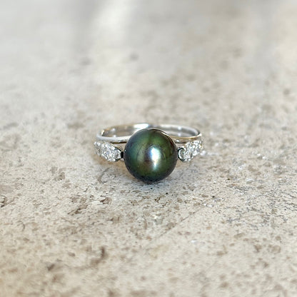 Bague Vintage - Or Blanc 750 Perle Naturelle Tahiti & Diamants
