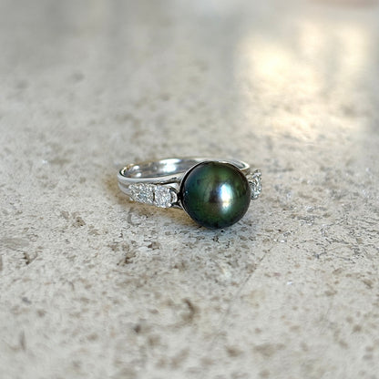 Bague Vintage - Or Blanc 750 Perle Naturelle Tahiti & Diamants