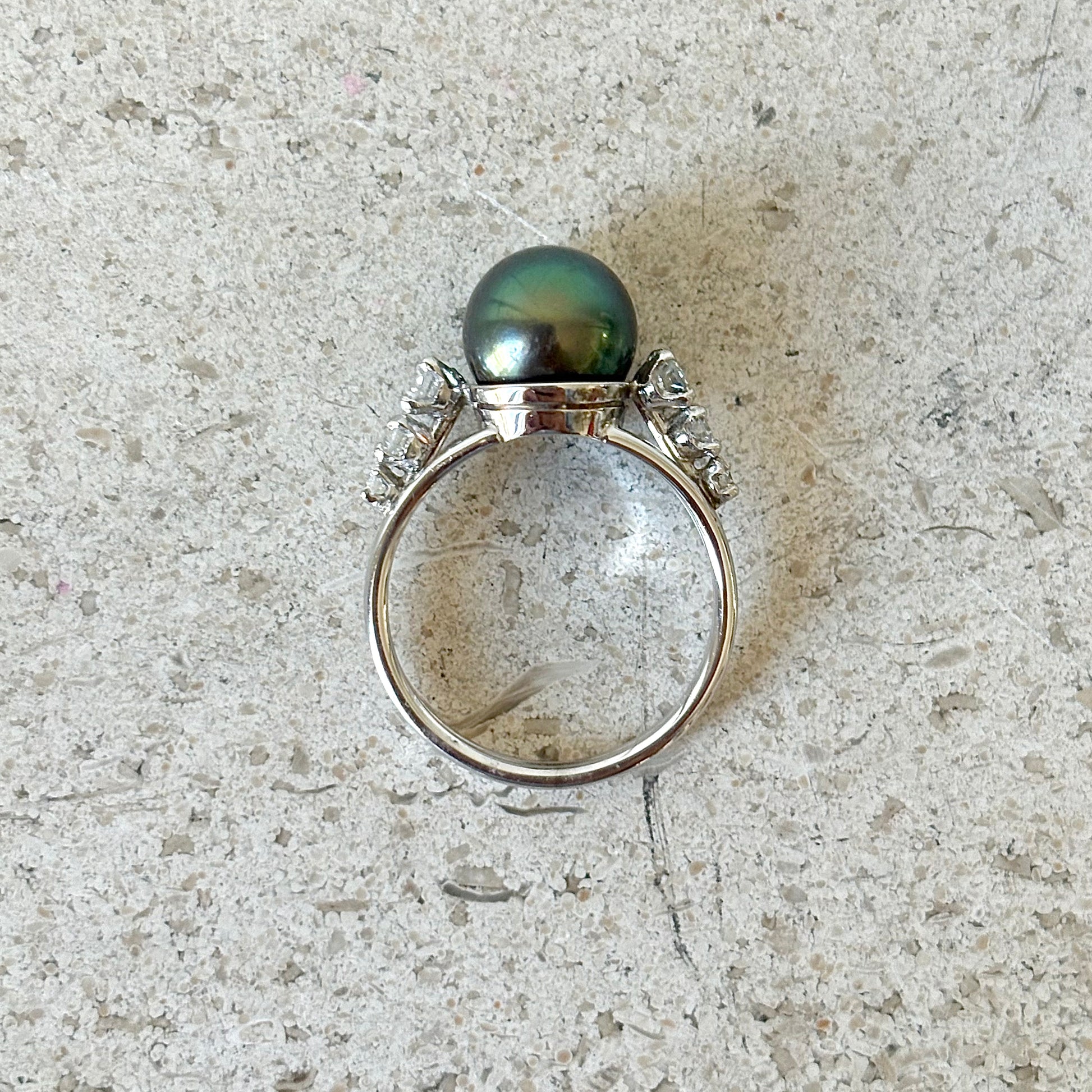 Bague Vintage - Or Blanc 750 Perle Naturelle Tahiti & Diamants