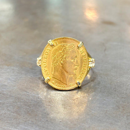 Bague Pièce - Or Jaune 750 & Pièce 10 Francs Napoléon & Diamants