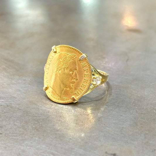 Bague Pièce - Or Jaune 750 & Pièce 10 Francs Napoléon & Diamants
