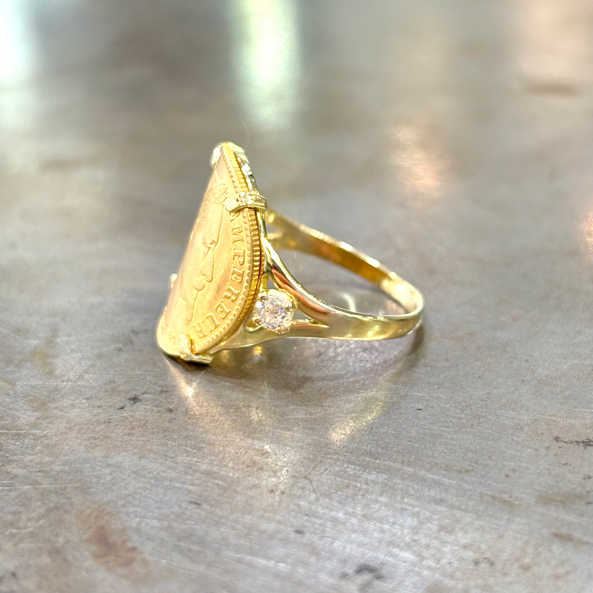 Bague Pièce - Or Jaune 750 & Pièce 10 Francs Napoléon & Diamants