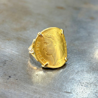 Bague Pièce - Or Jaune 750 & Pièce 20 Francs Napoléon & Diamants