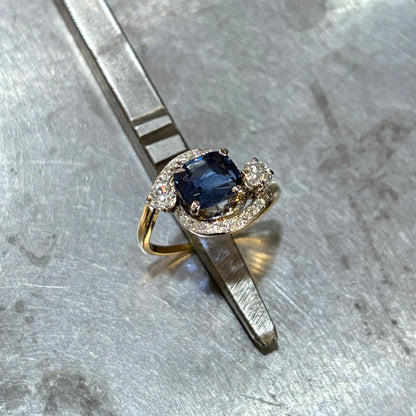 Bague Vintage - Or Blanc 750 Saphir & Diamants